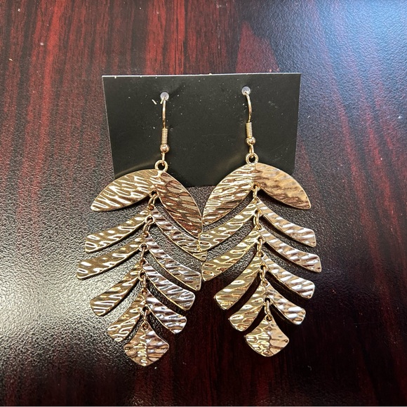 Gold Leaf Drop Earrings With Hook Back - Picture 4 of 5